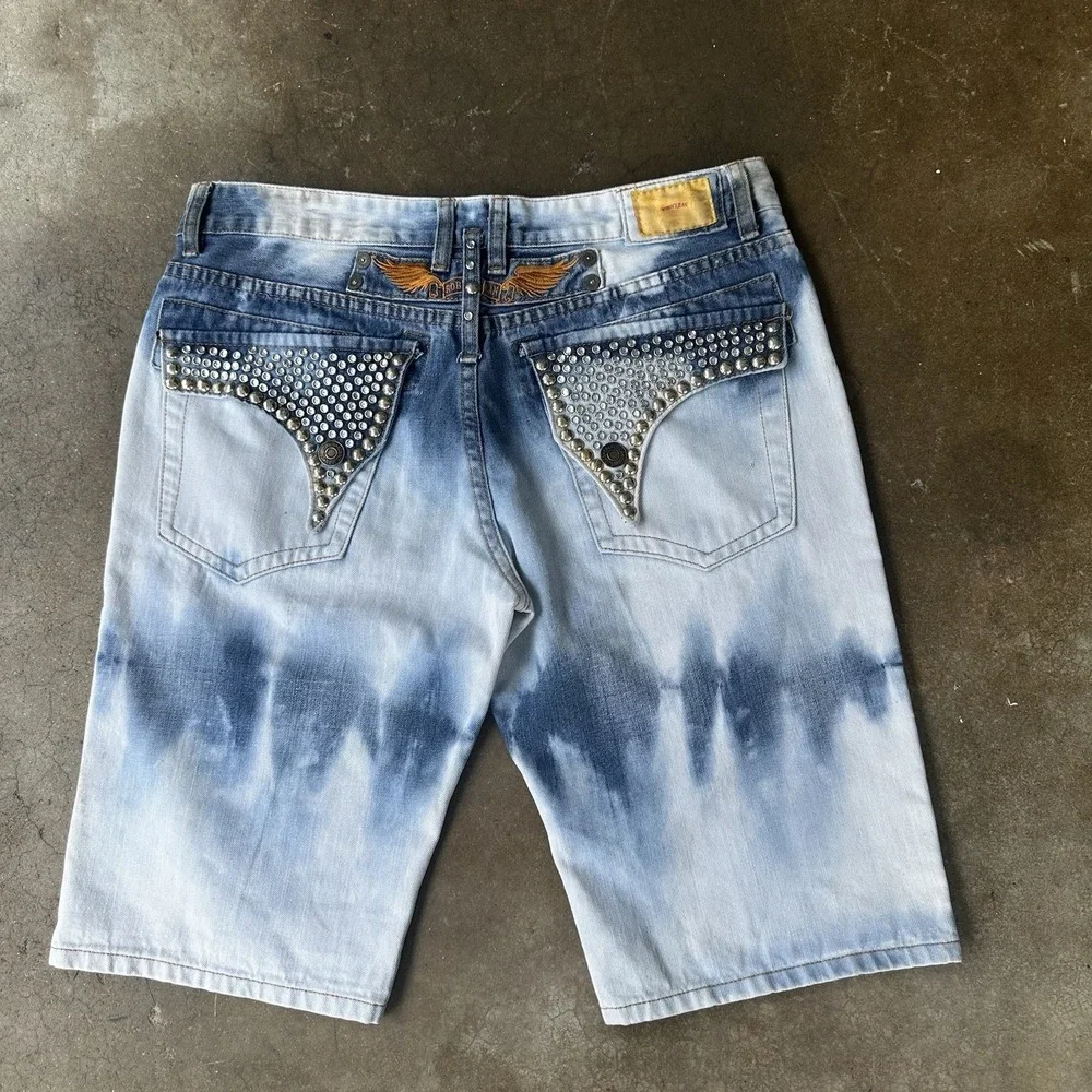 Robin's Jean Shorts Mens 34 Blue Denim Acid Wash Crystal Studded Flap Mortard